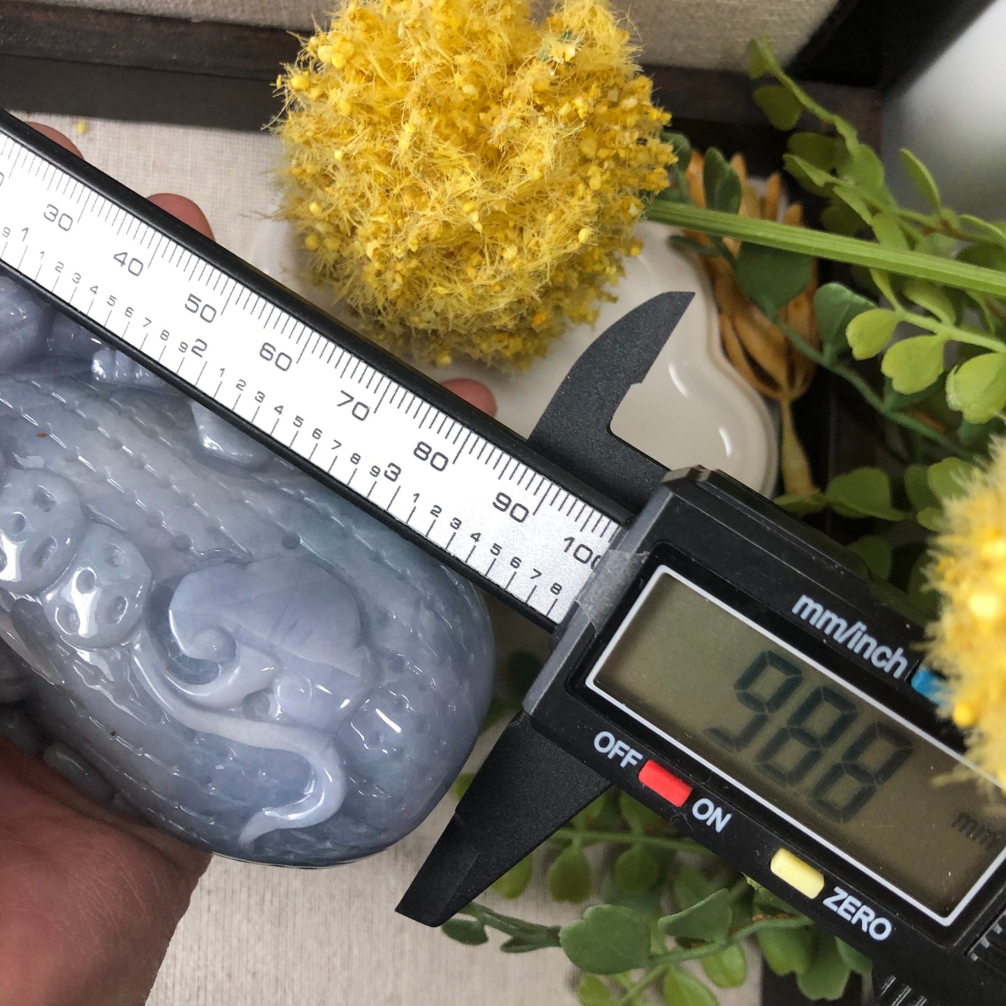 Reserved: 98.8mm Blue Lavender Jadeite Jade Carved Pixiu Peanut 3 Legged Toad Display