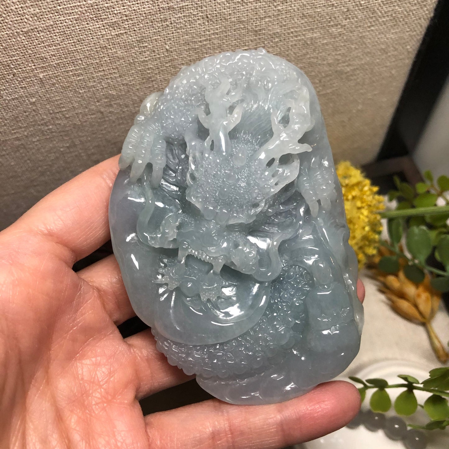 91.2mm Jadeite Jade Icy Glutinous Sky Blue Carved Dragon Statue Display
