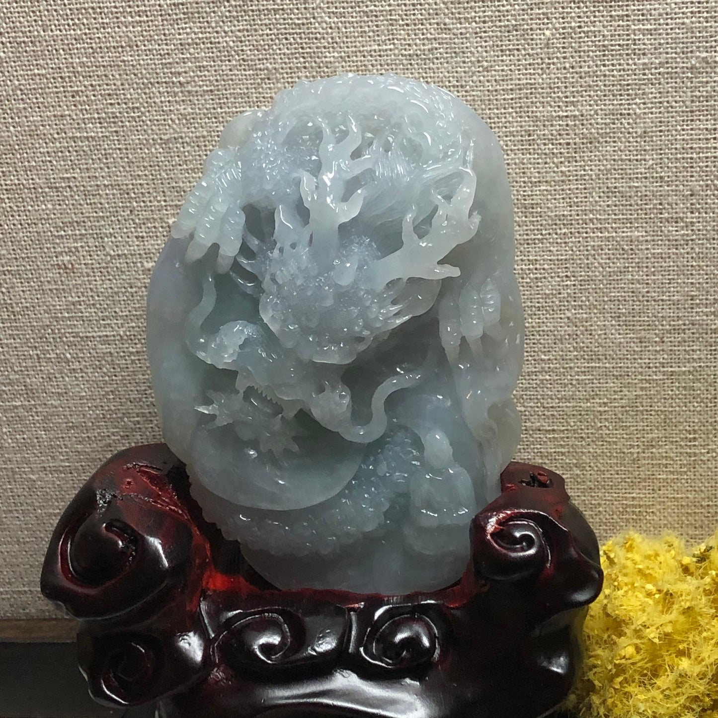 91.2mm Jadeite Jade Icy Glutinous Sky Blue Carved Dragon Statue Display
