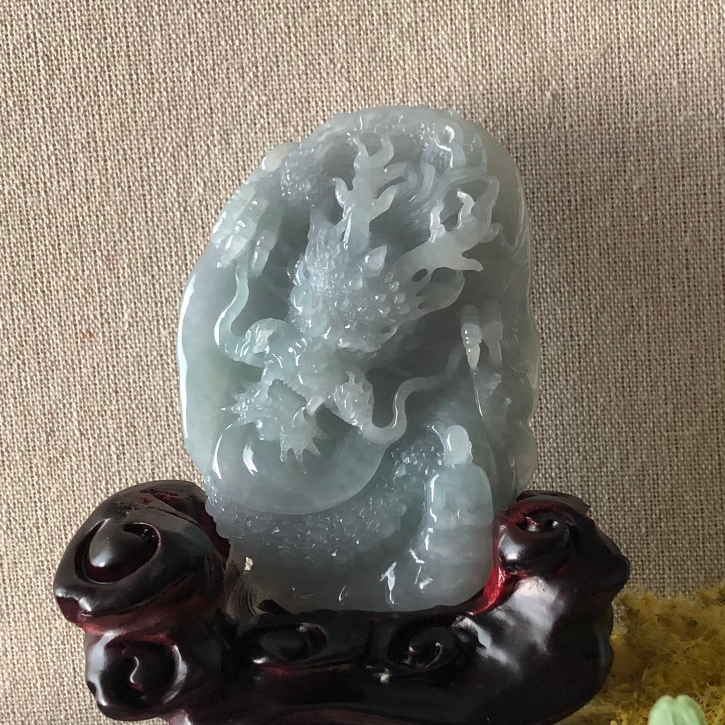 91.2mm Jadeite Jade Icy Glutinous Sky Blue Carved Dragon Statue Display