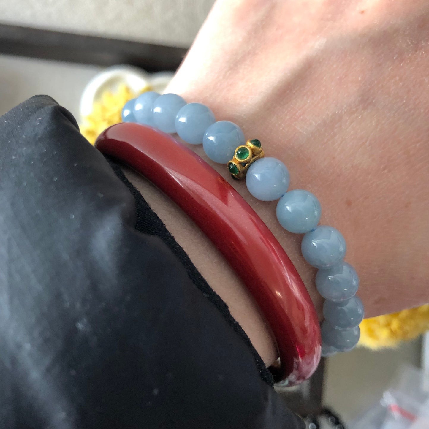 RARE 7.5 mm Jadeite Jade Sky Blue Bead Bracelet