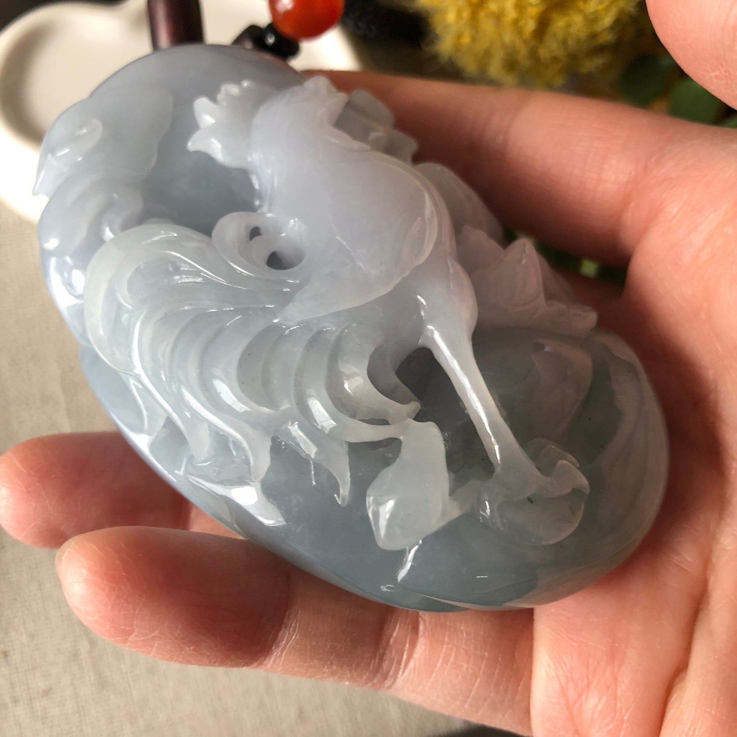 Reserved. 87.4mm Jadeite Jade Icy Glutinous Sky Blue Carved Rooster Hand Medal Display