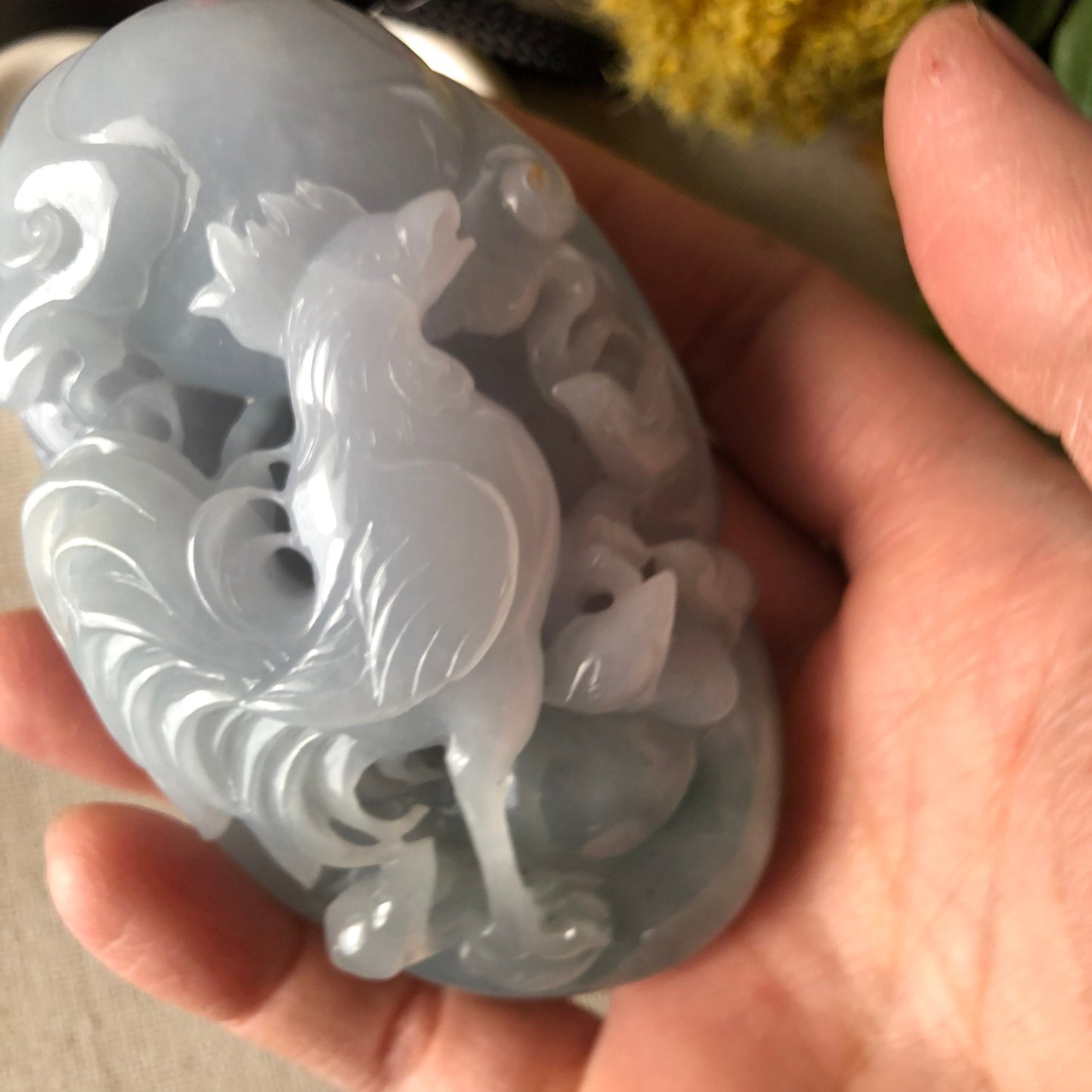 Reserved. 87.4mm Jadeite Jade Icy Glutinous Sky Blue Carved Rooster Hand Medal Display