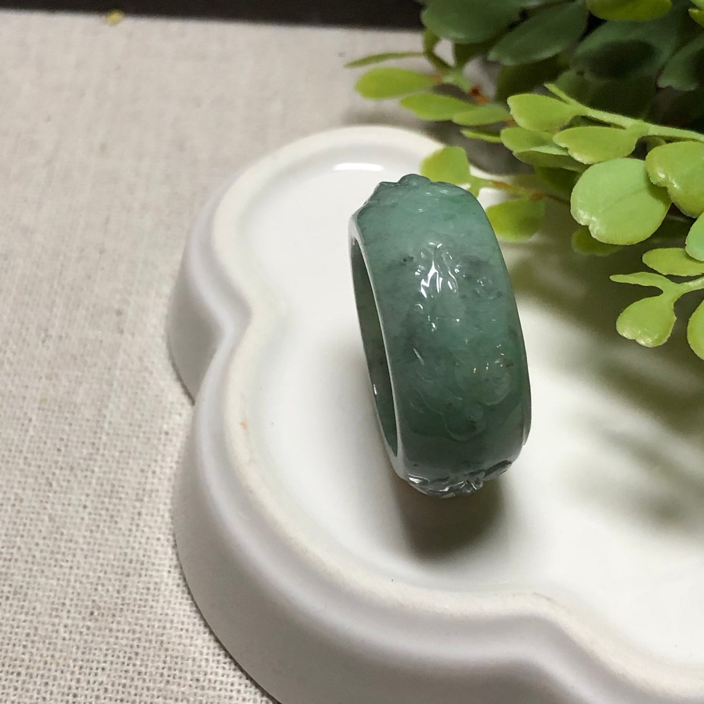 US Sz 10-10.25 Jade Jadeite Carved Pixiu Head Ring Band Pendant