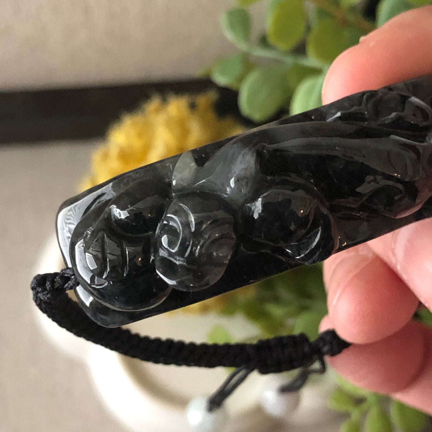 58.7mm Black Wuji Carved Pixiu Jadeite Jade Rope Bracelet