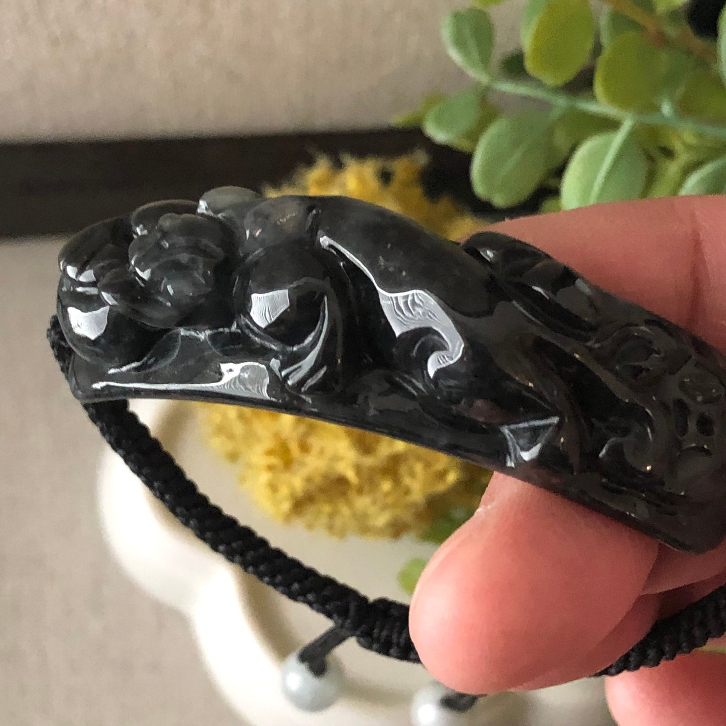 58.7mm Black Wuji Carved Pixiu Jadeite Jade Rope Bracelet