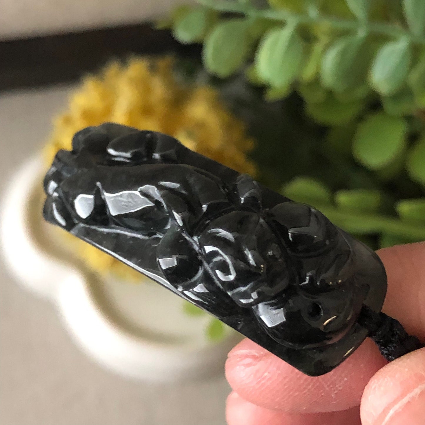 45.9mm Black Wuji Carved Pixiu Jadeite Jade Rope Bracelet
