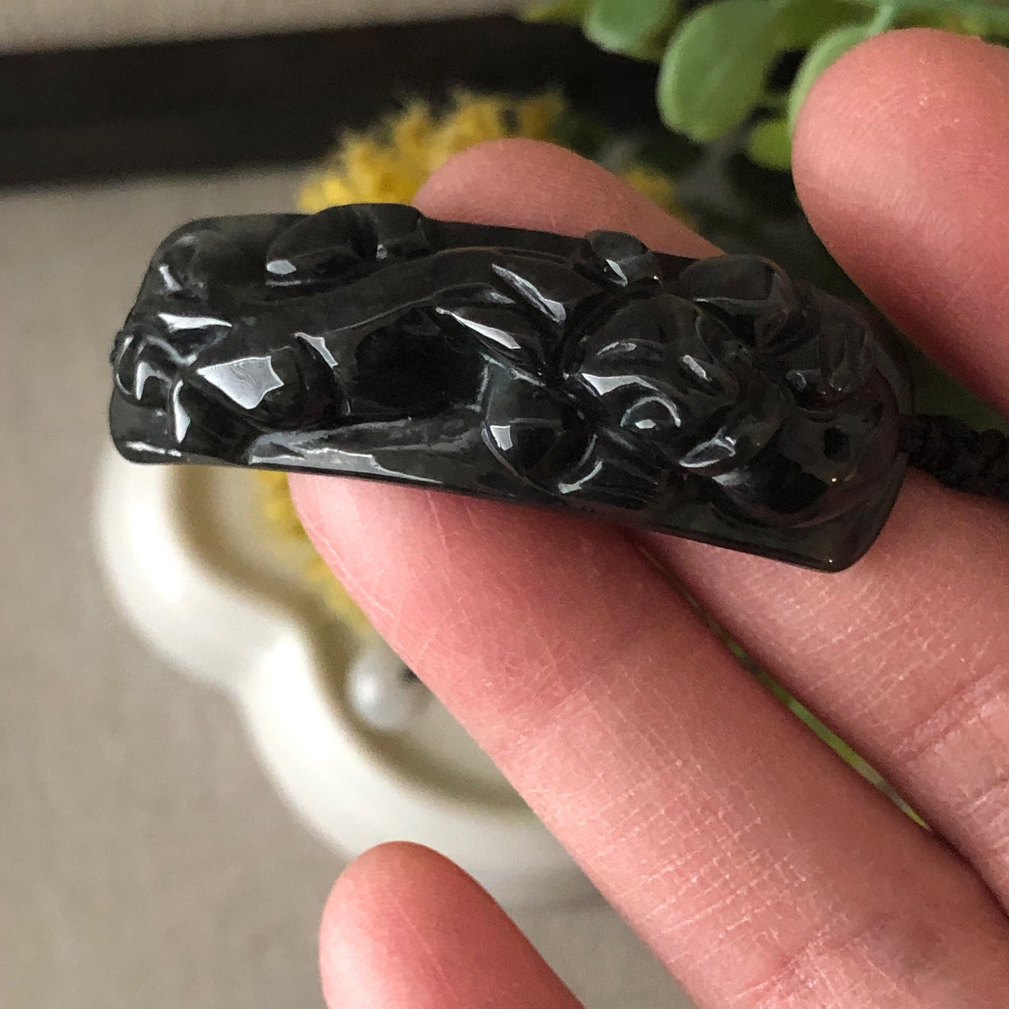 45.9mm Black Wuji Carved Pixiu Jadeite Jade Rope Bracelet