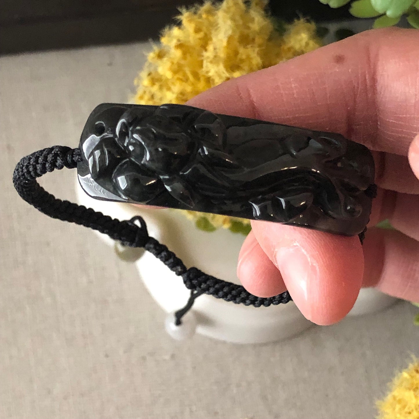 45.9mm Black Wuji Carved Pixiu Jadeite Jade Rope Bracelet