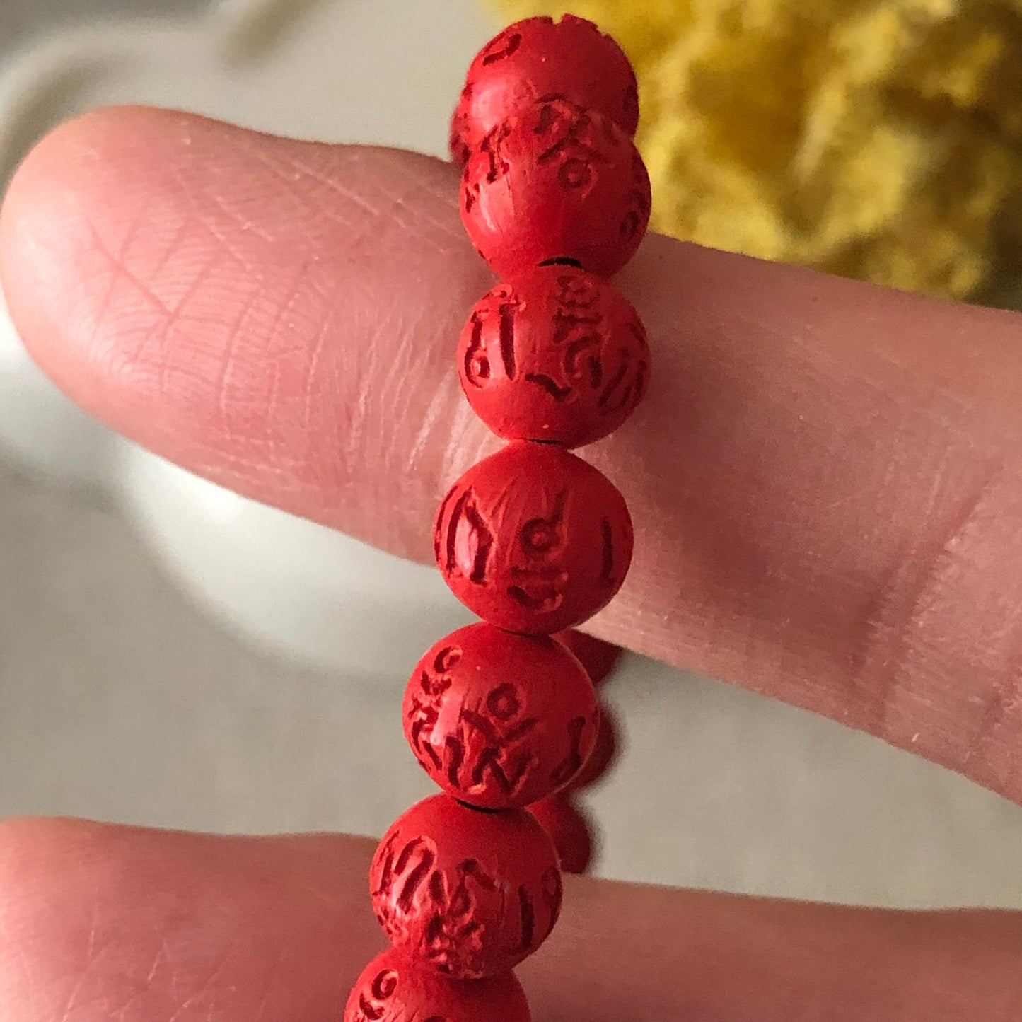 7 mm Red Carved Six Words Blessing Cinnabar Bead Bracelet