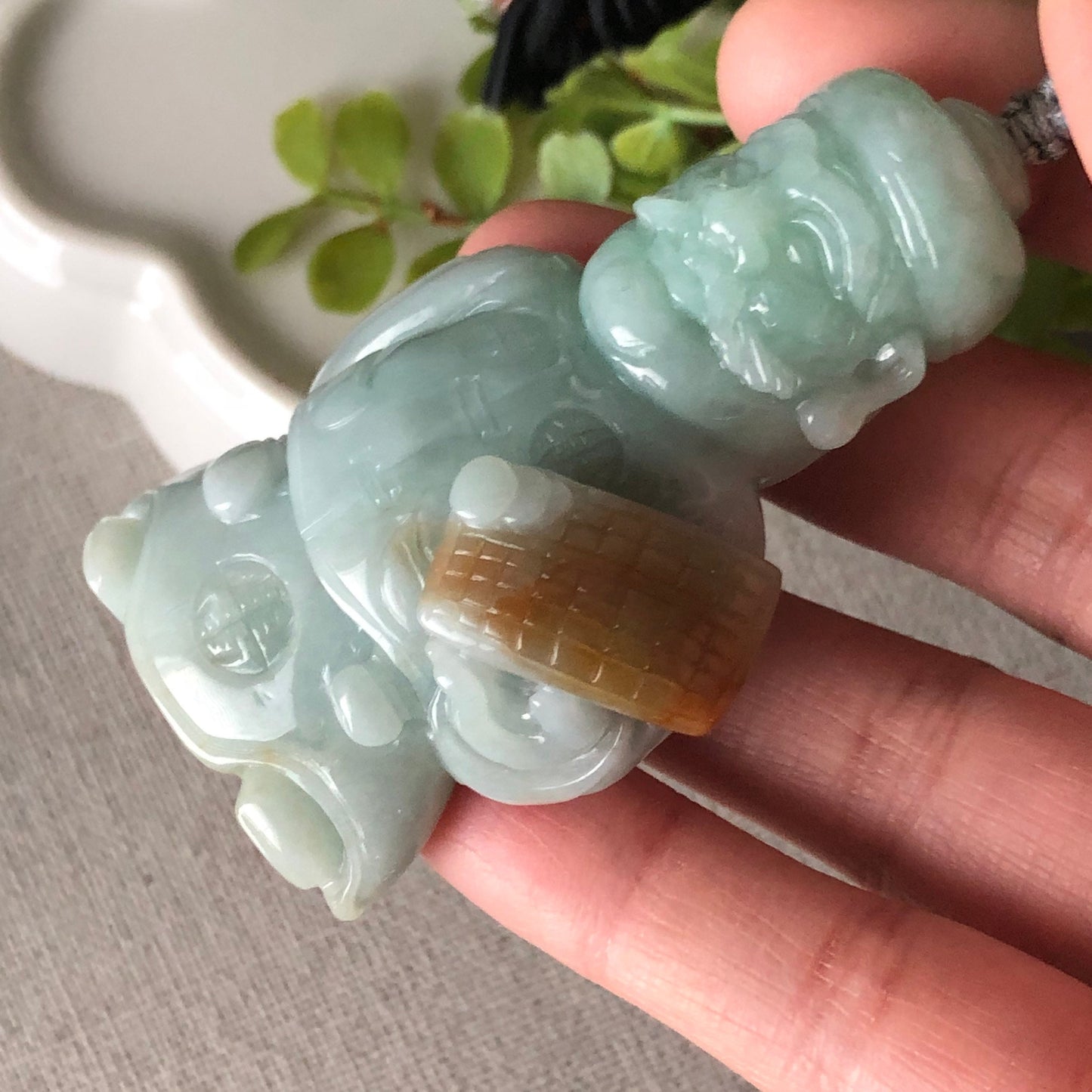 62mm Jadeite Jade Green Carved Wealthy Man Pendant