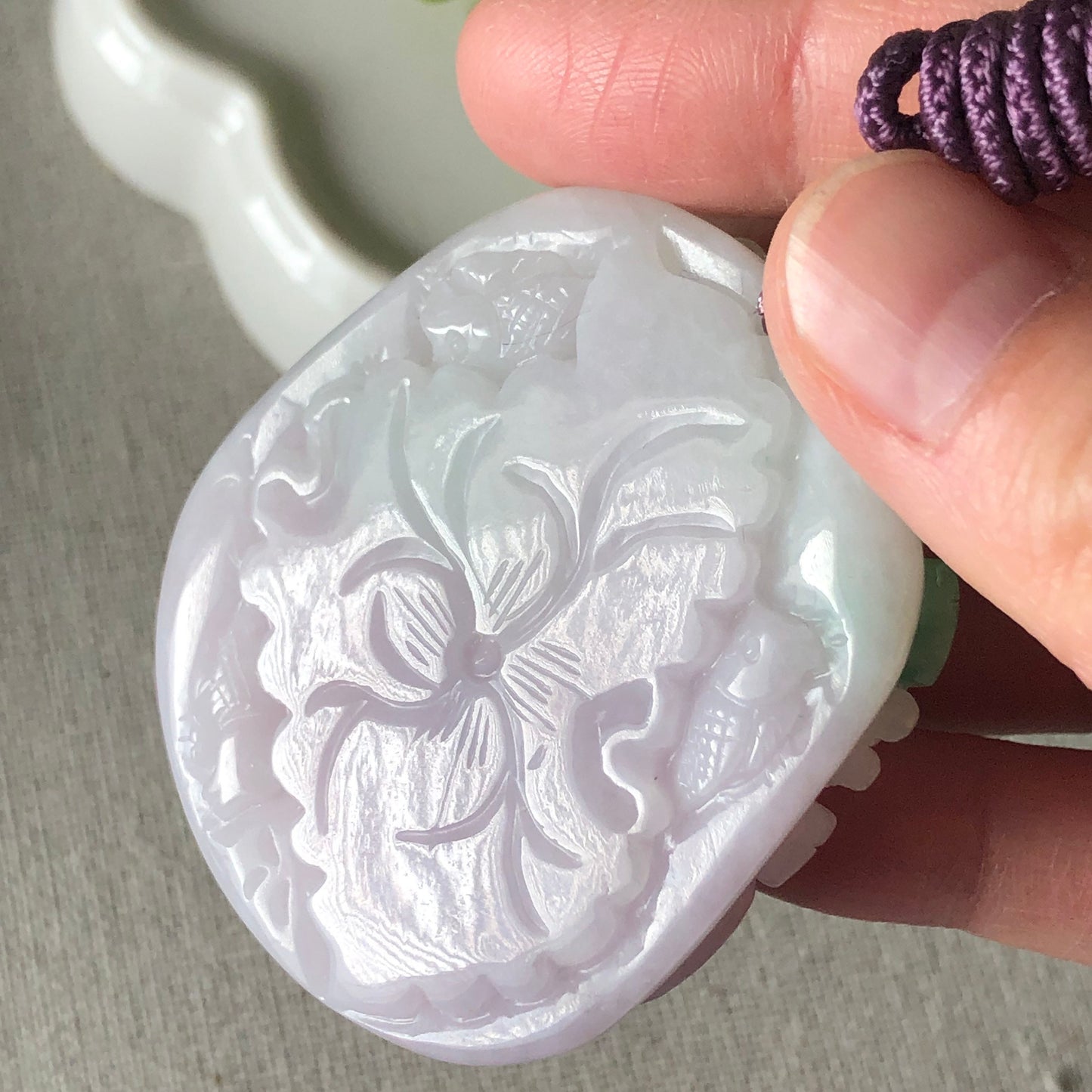 53mm Jadeite Jade Green Lavender 3D Carved Landscape Scenery Pendant