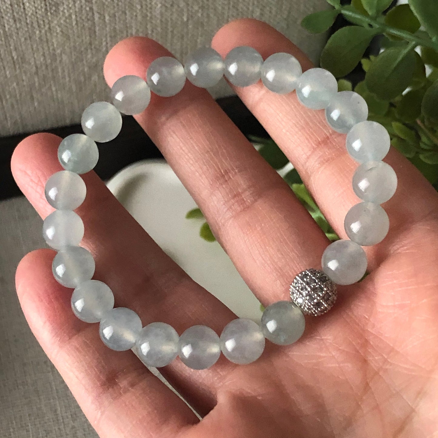 8mm High Icy Sky Blue Jade Jadeite Bead Bracelet