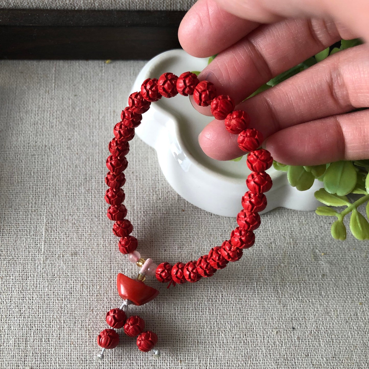 7 mm Red Carved Lotus Flower Cinnabar Bead Bracelet with Charm