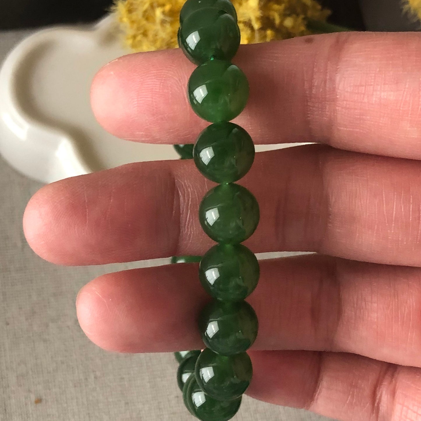 9.5 mm Icy Imperial Green Hetian Jade Bead Bracelet