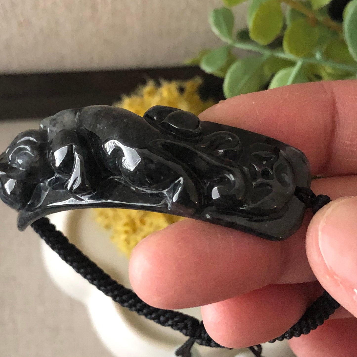 58.7mm Black Wuji Carved Pixiu Jadeite Jade Rope Bracelet