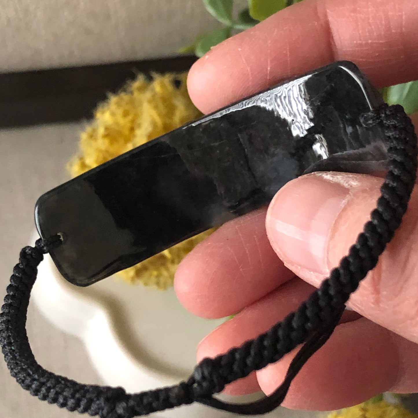 58.7mm Black Wuji Carved Pixiu Jadeite Jade Rope Bracelet