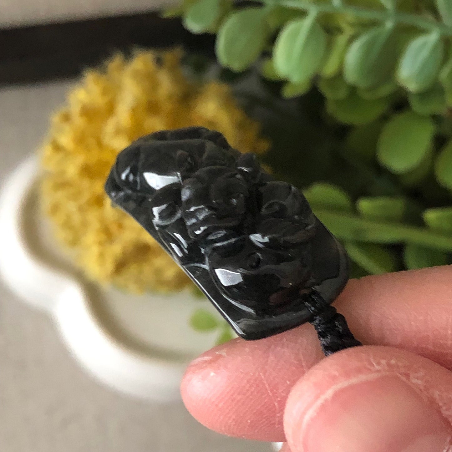 45.9mm Black Wuji Carved Pixiu Jadeite Jade Rope Bracelet