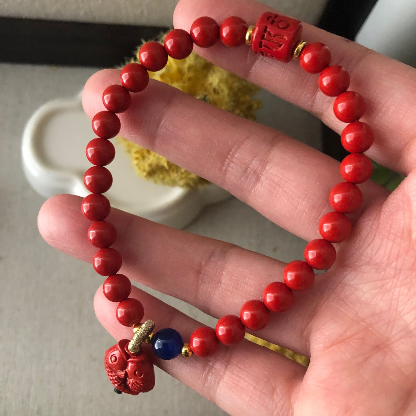 6 mm Red six word blessing Cinnabar Bead Bracelet with fish Charm