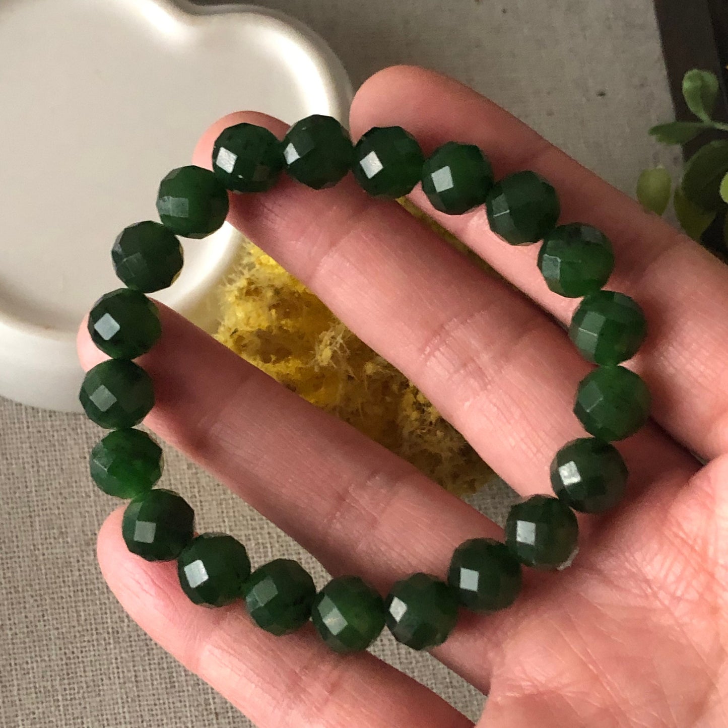9mm Icy Nephrite Hetian Diamond Cut Jade Bead Bracelet