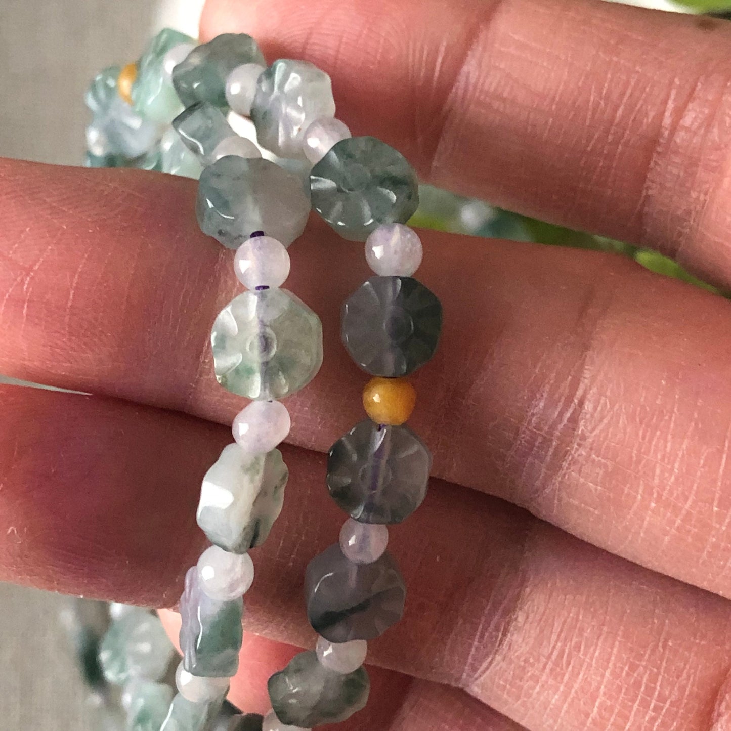 6.8 mm Icy Green Float Flowers Jadeite Jade Flat Bead Fortune Coin Necklace