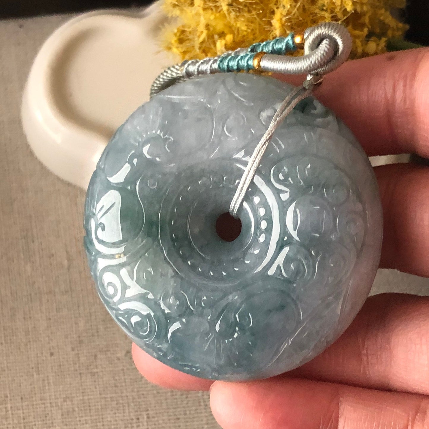 50 mm Icy Jadeite Jade Blue Green Carved Peace Donut Pendant