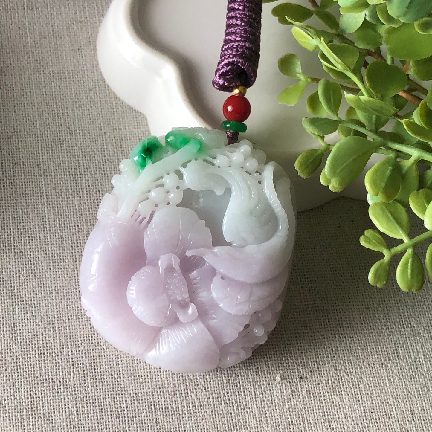 53mm Jadeite Jade Green Lavender 3D Carved Landscape Scenery Pendant