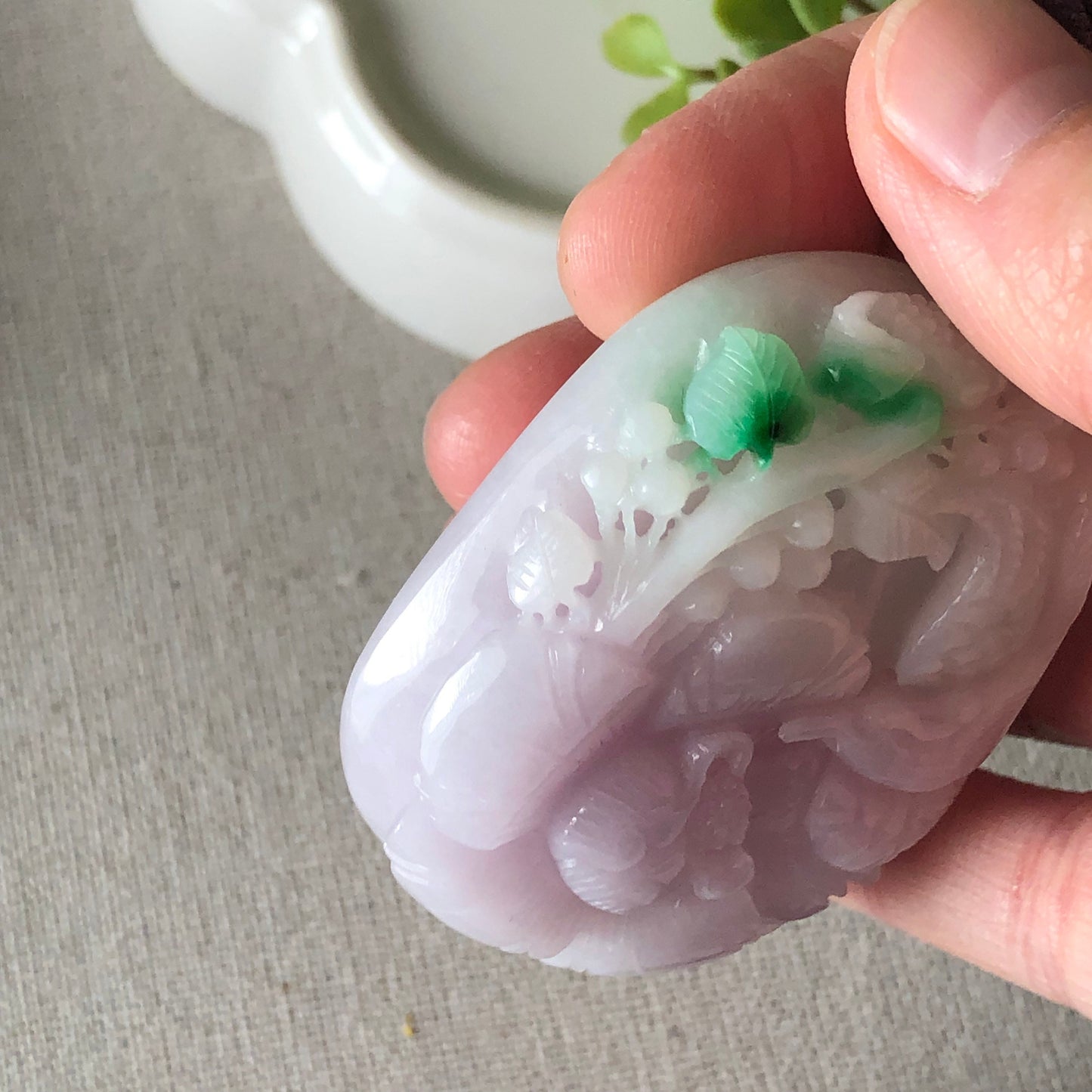 53mm Jadeite Jade Green Lavender 3D Carved Landscape Scenery Pendant