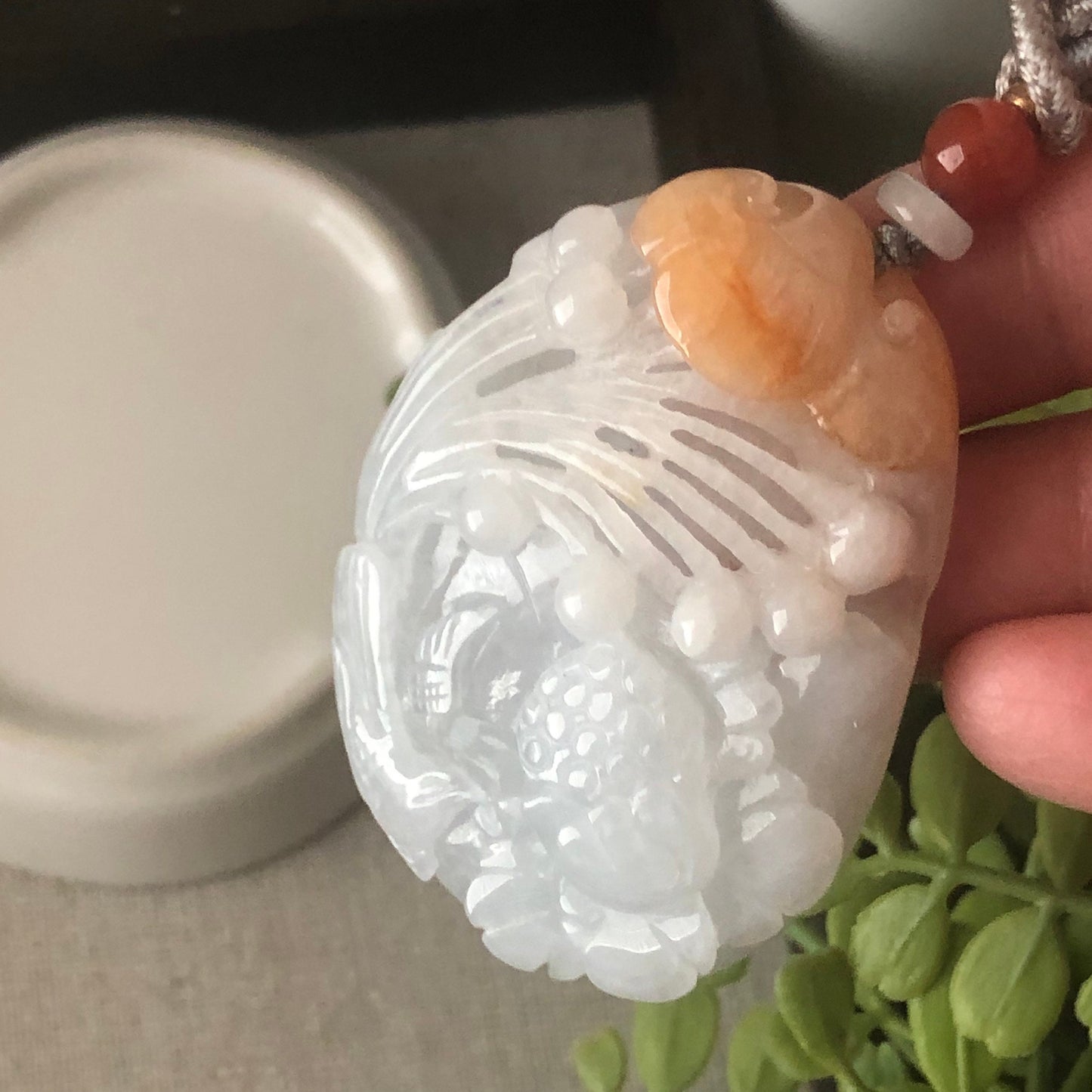 52.9 mm Icy Jadeite Jade Carved Scenery Flower Pendant