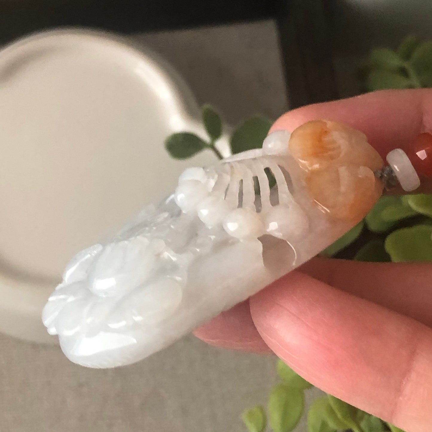 52.9 mm Icy Jadeite Jade Carved Scenery Flower Pendant