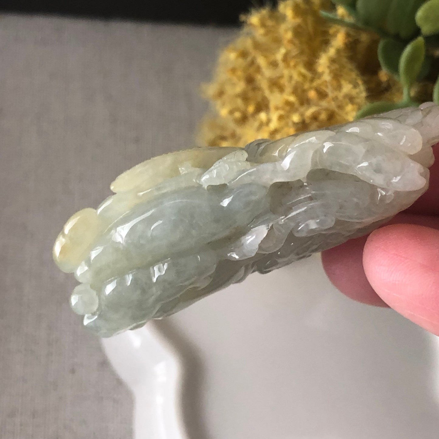 54.9mm Icy Glutinous Yellow Carved Dragonfly Ruyi Landscape Jadeite Jade Pendant