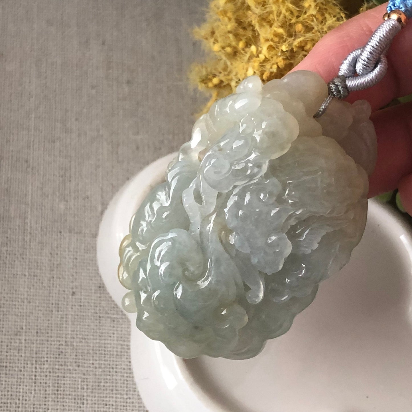 54.9mm Icy Glutinous Yellow Carved Dragonfly Ruyi Landscape Jadeite Jade Pendant