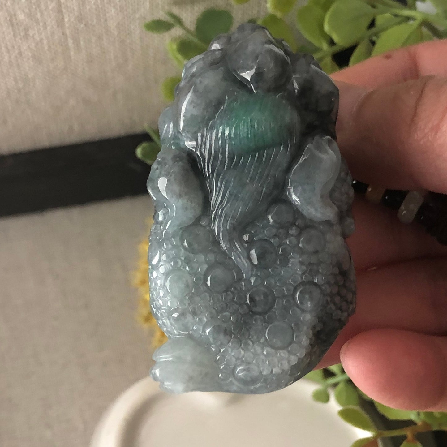 51mm Jadeite Jade Wuji Black Green 3 Legged Toad Pendant Neck Rope Tie