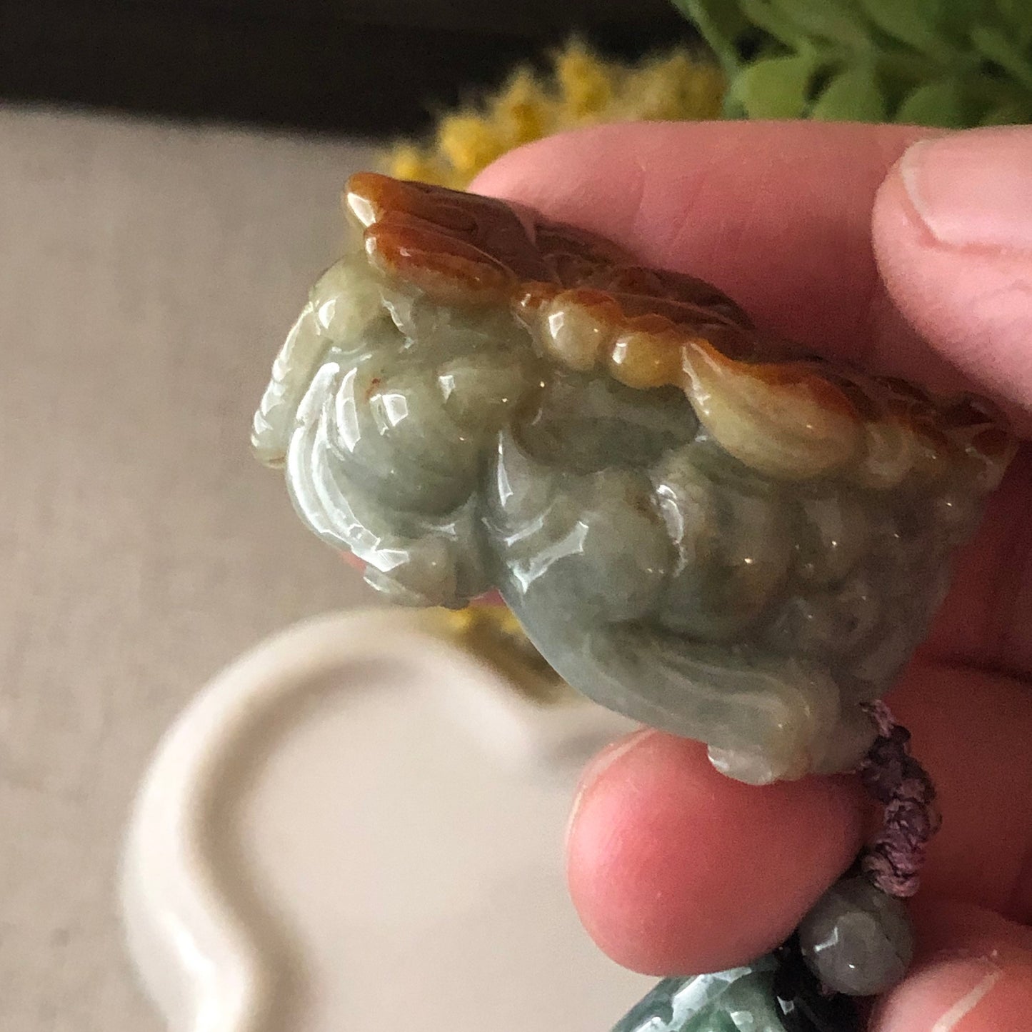 36mm Jadeite Green Red Brown Carved Pixiu Keychain or Pendant Display Figurine