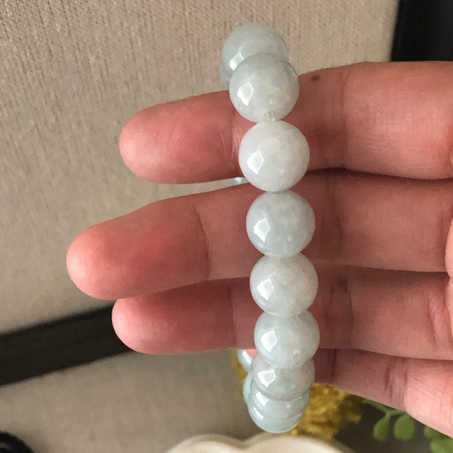 12 mm Icy Tint Green Jade Jadeite Bead Bracelet