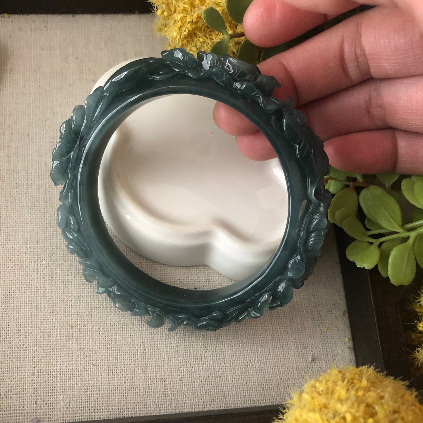 57.5mm Icy Blue Green Guatemalan Jadeite Jade Carved Flower Bangle