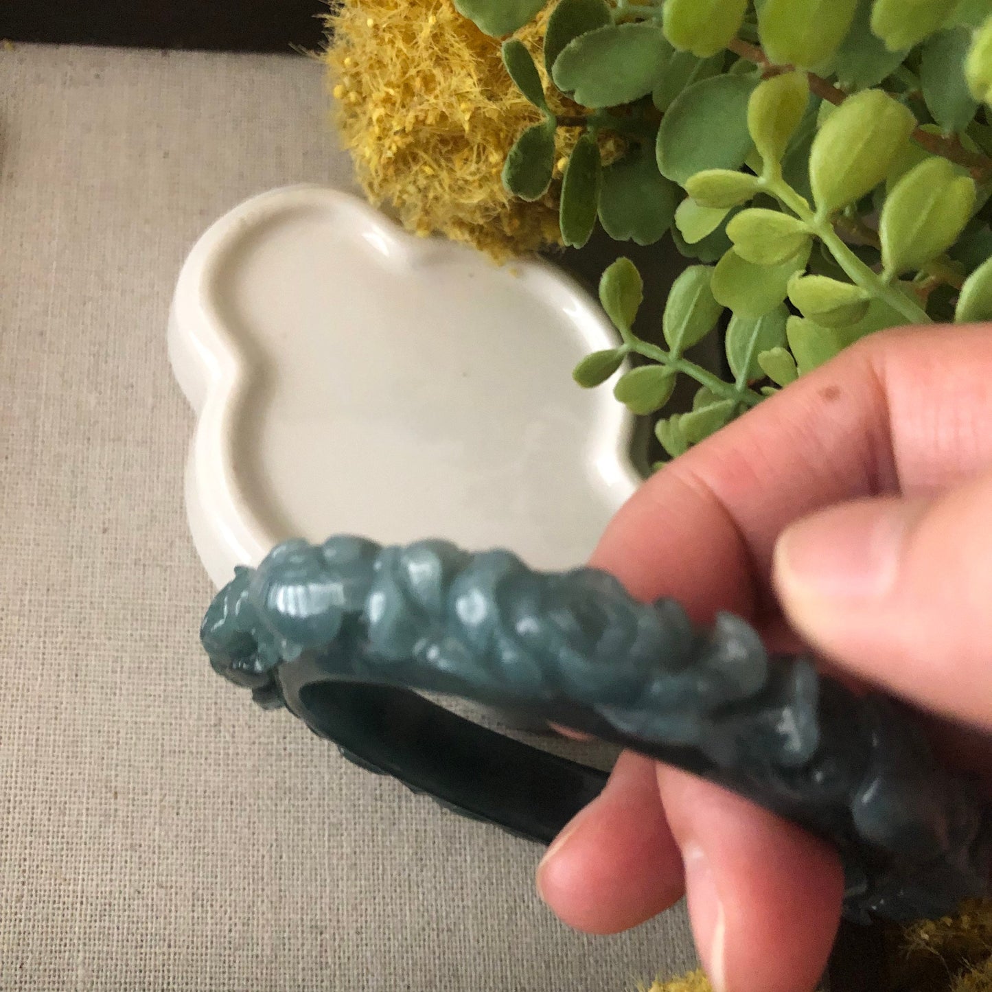 57.5mm Icy Blue Green Guatemalan Jadeite Jade Carved Flower Bangle