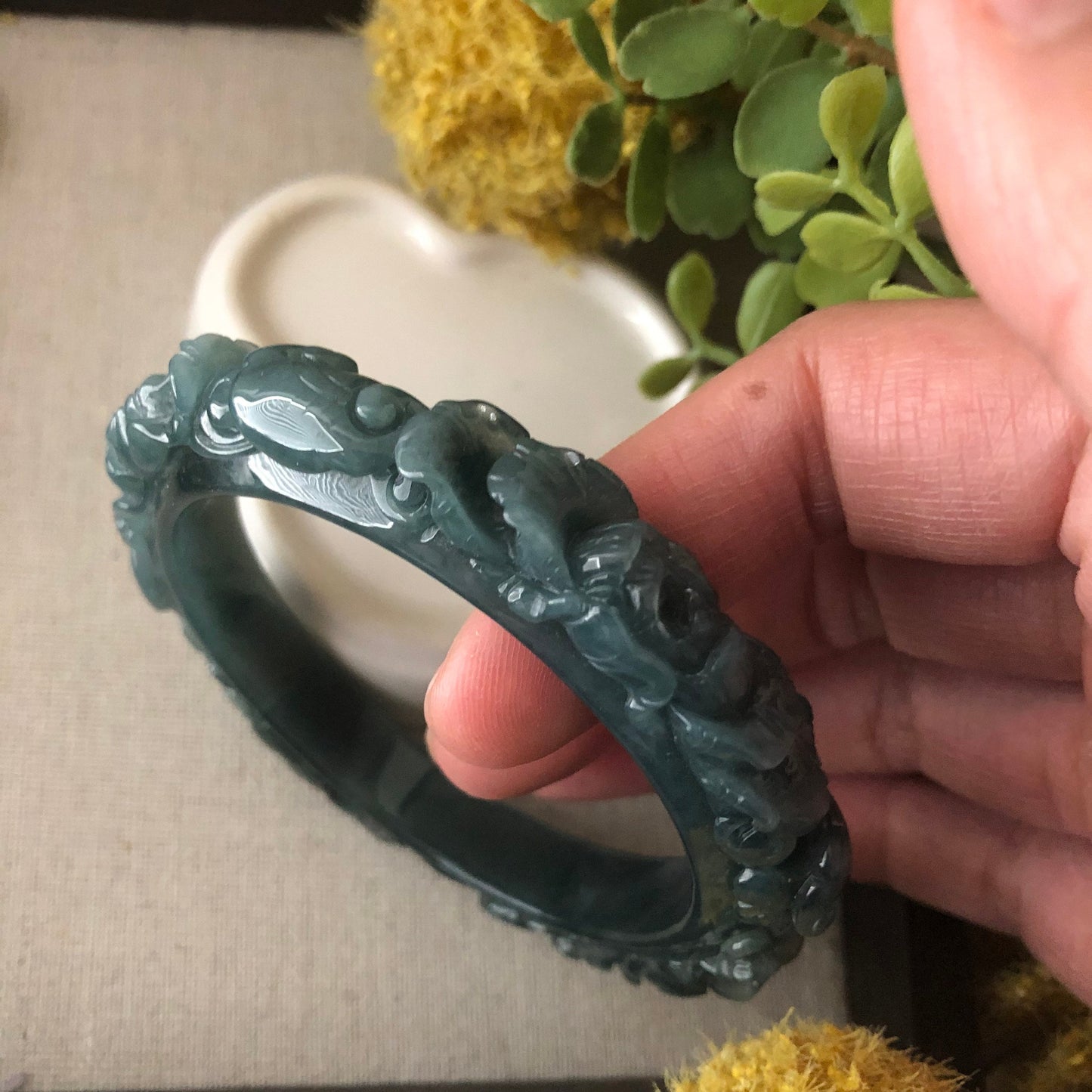 57.5mm Icy Blue Green Guatemalan Jadeite Jade Carved Flower Bangle