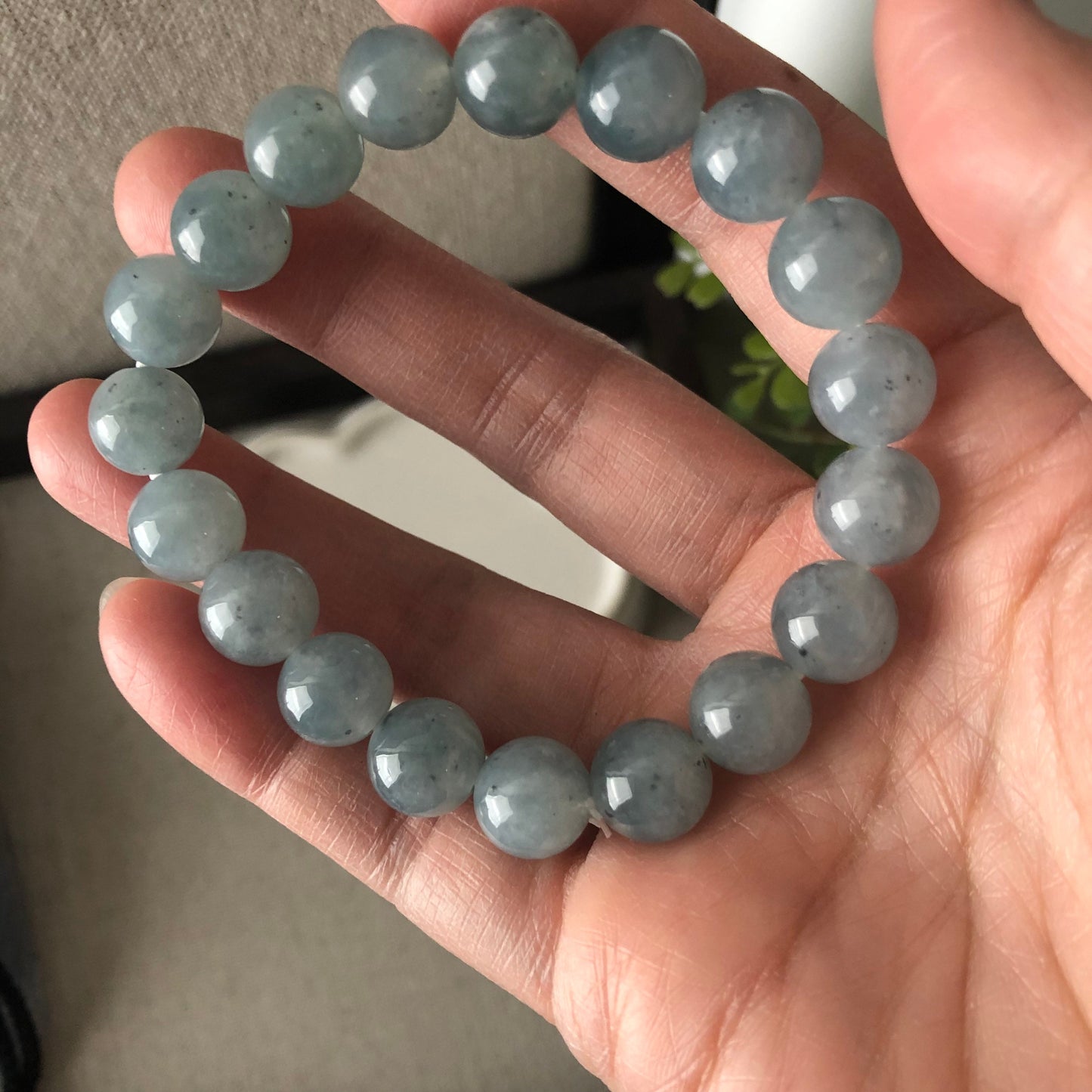 10mm Icy Earthy Wuji Sky Blue Jadeite Jade Bead Bracelet