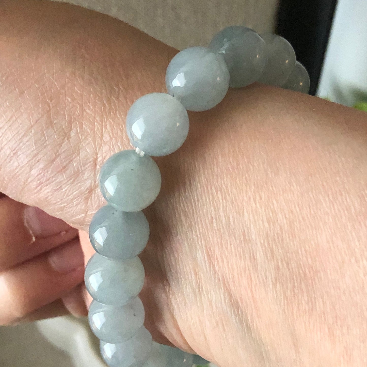 10mm Icy Earthy Wuji Light Sky Blue Jadeite Jade Bead Bracelet
