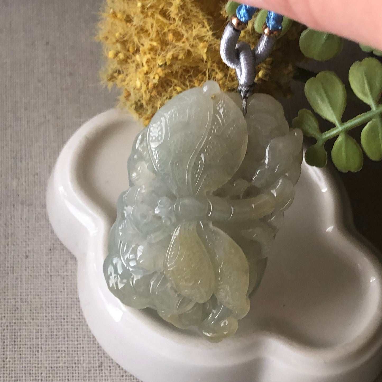 54.9mm Icy Glutinous Yellow Carved Dragonfly Ruyi Landscape Jadeite Jade Pendant