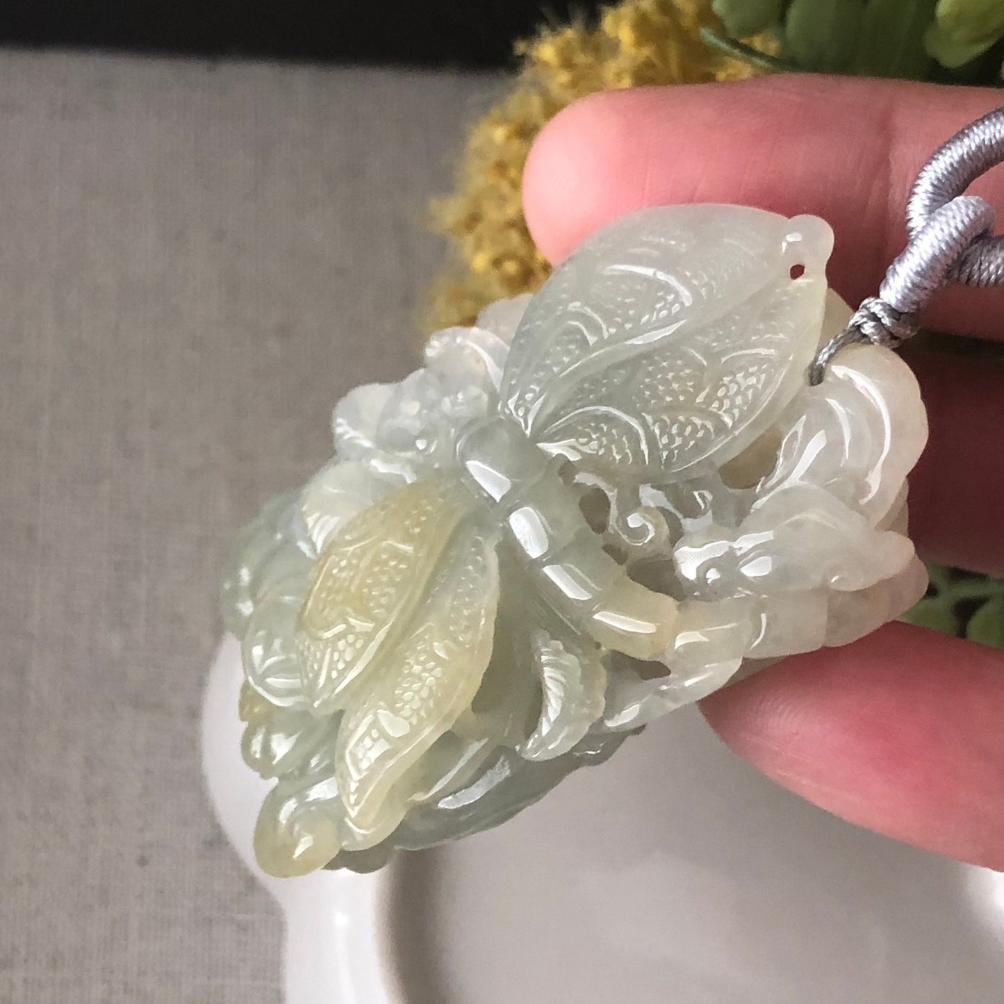 54.9mm Icy Glutinous Yellow Carved Dragonfly Ruyi Landscape Jadeite Jade Pendant