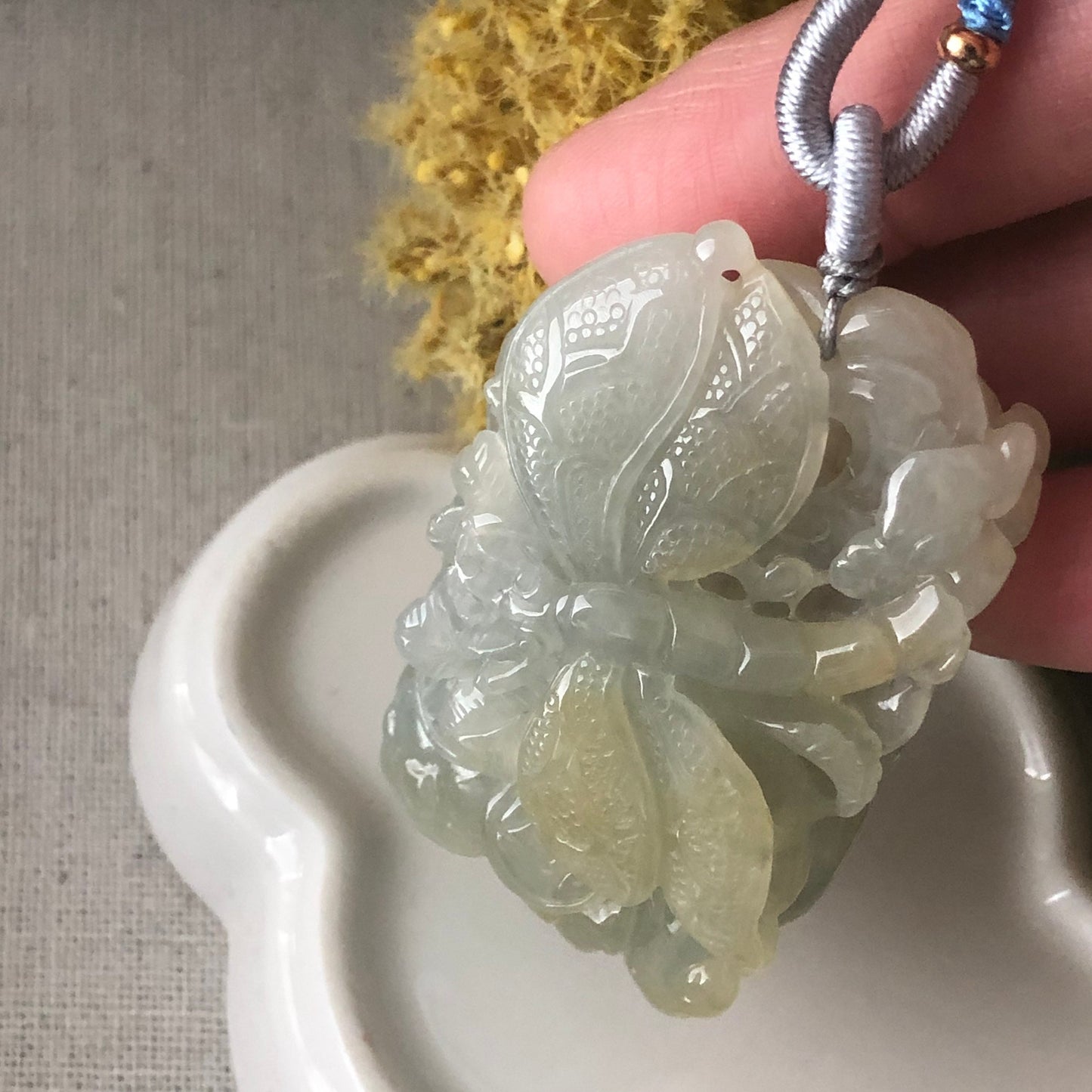 54.9mm Icy Glutinous Yellow Carved Dragonfly Ruyi Landscape Jadeite Jade Pendant
