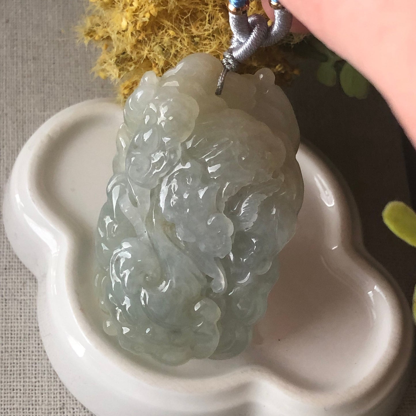 54.9mm Icy Glutinous Yellow Carved Dragonfly Ruyi Landscape Jadeite Jade Pendant