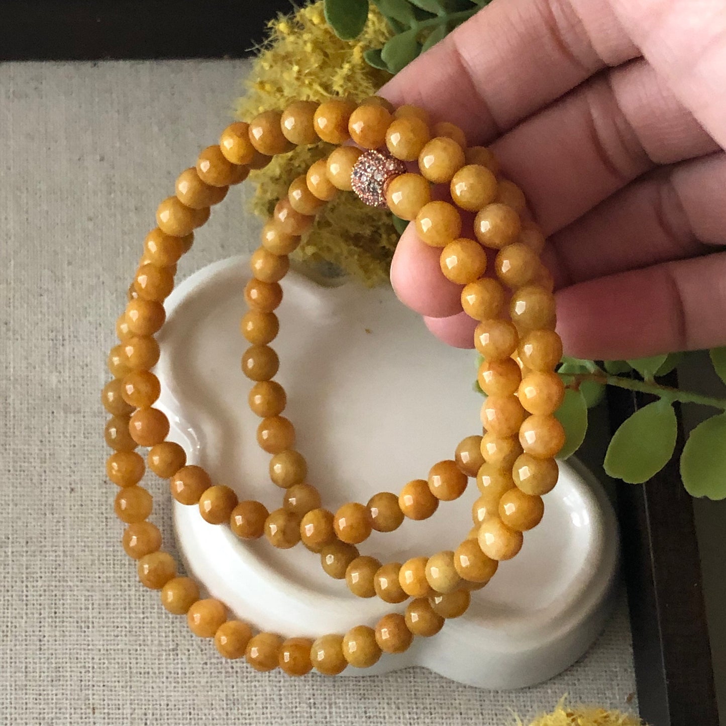 Reserved. 6 mm Jadeite Jade Yellow Brown Bead Bracelet Necklace