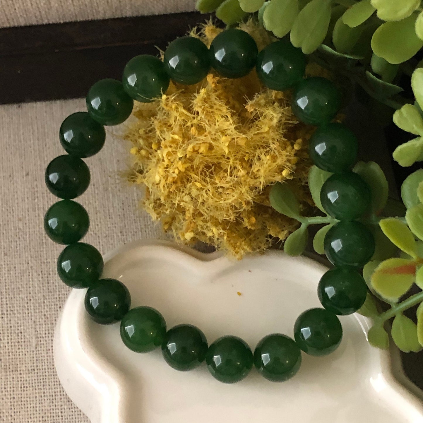 9.5 mm Icy Imperial Green Hetian Jade Bead Bracelet