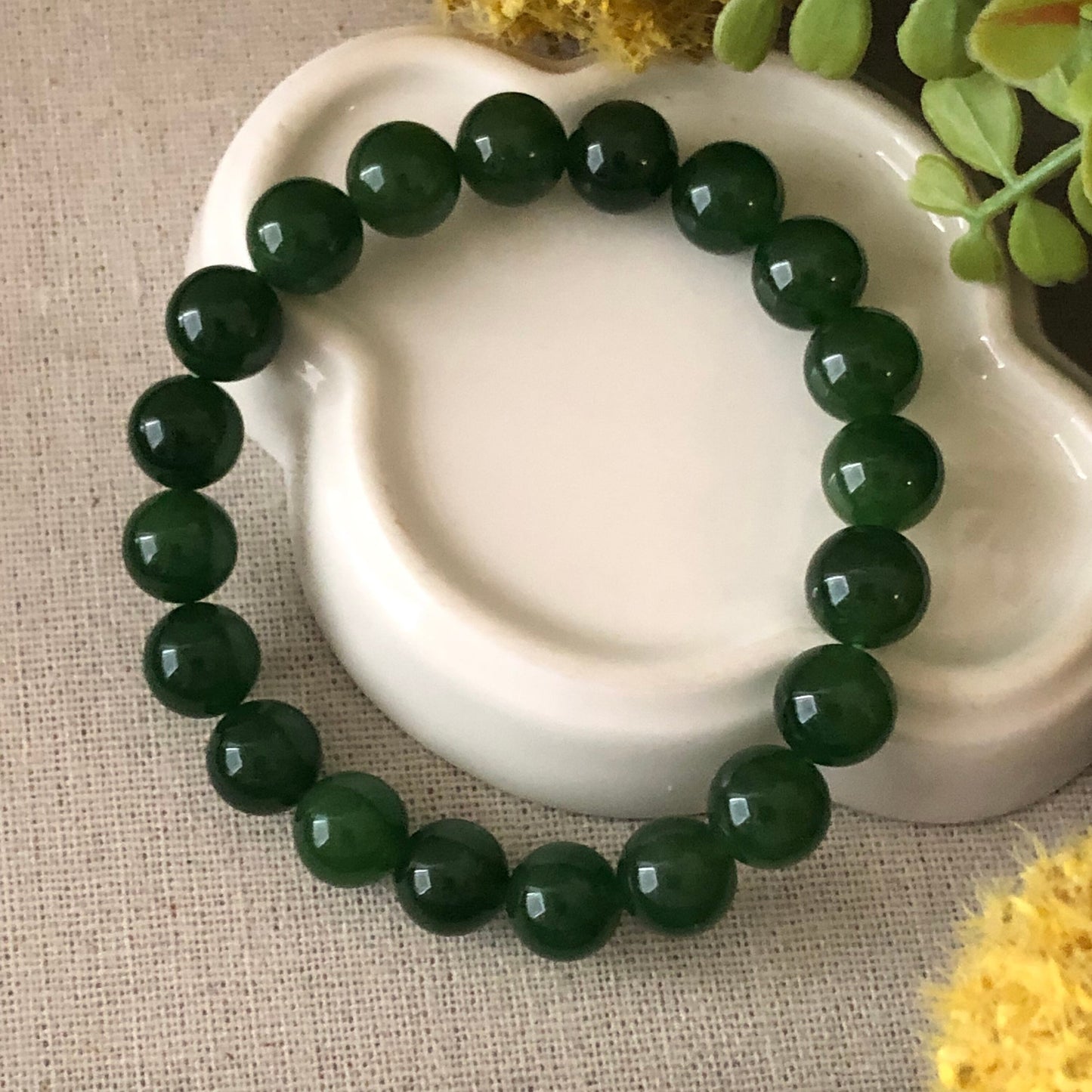 9.5 mm Icy Imperial Green Hetian Jade Bead Bracelet
