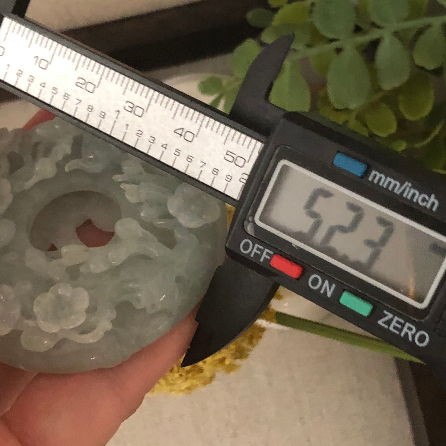 52mm Jadeite Jade Icy Tint Green 3D Carved Deer Flowers Pendant