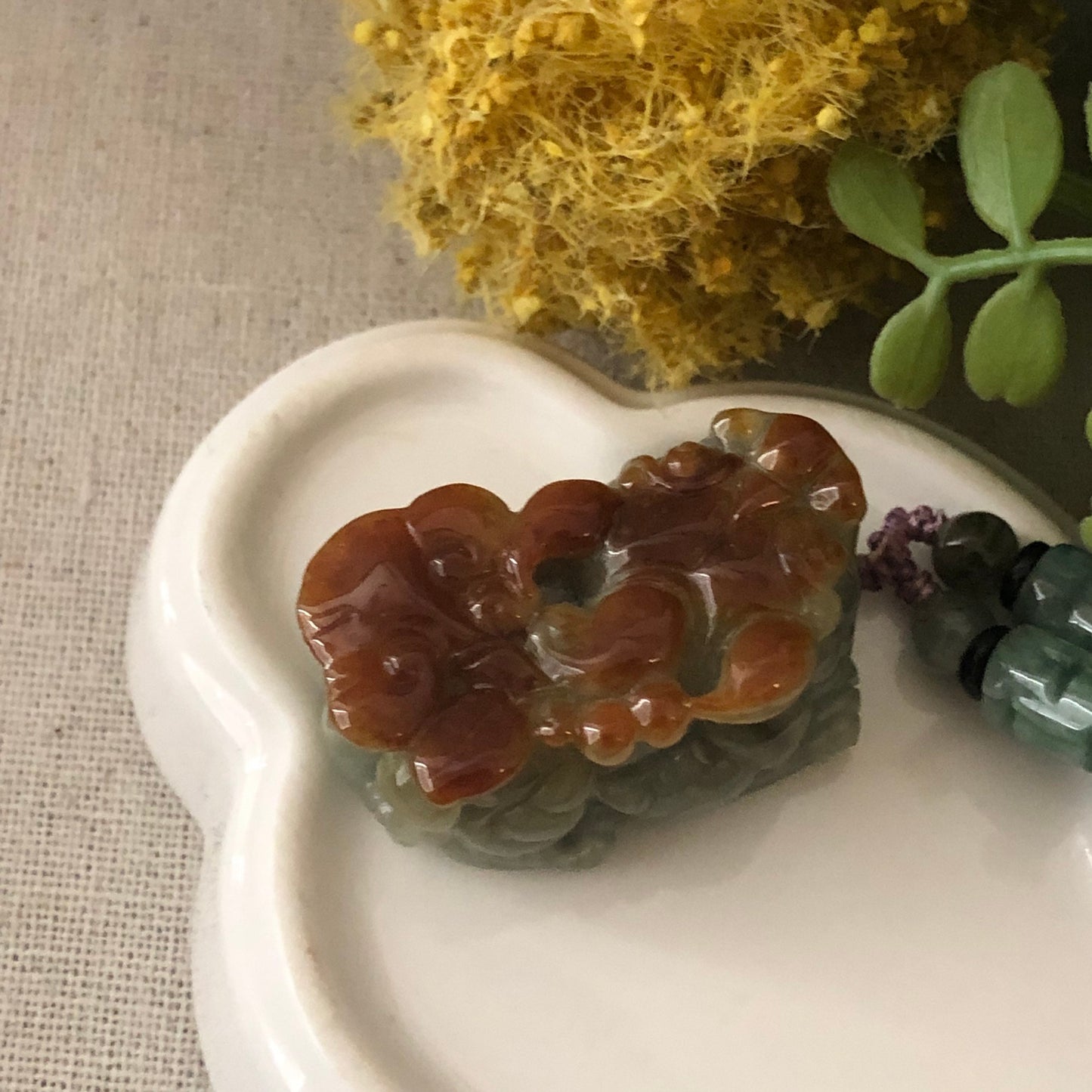 36mm Jadeite Green Red Brown Carved Pixiu Keychain or Pendant Display Figurine