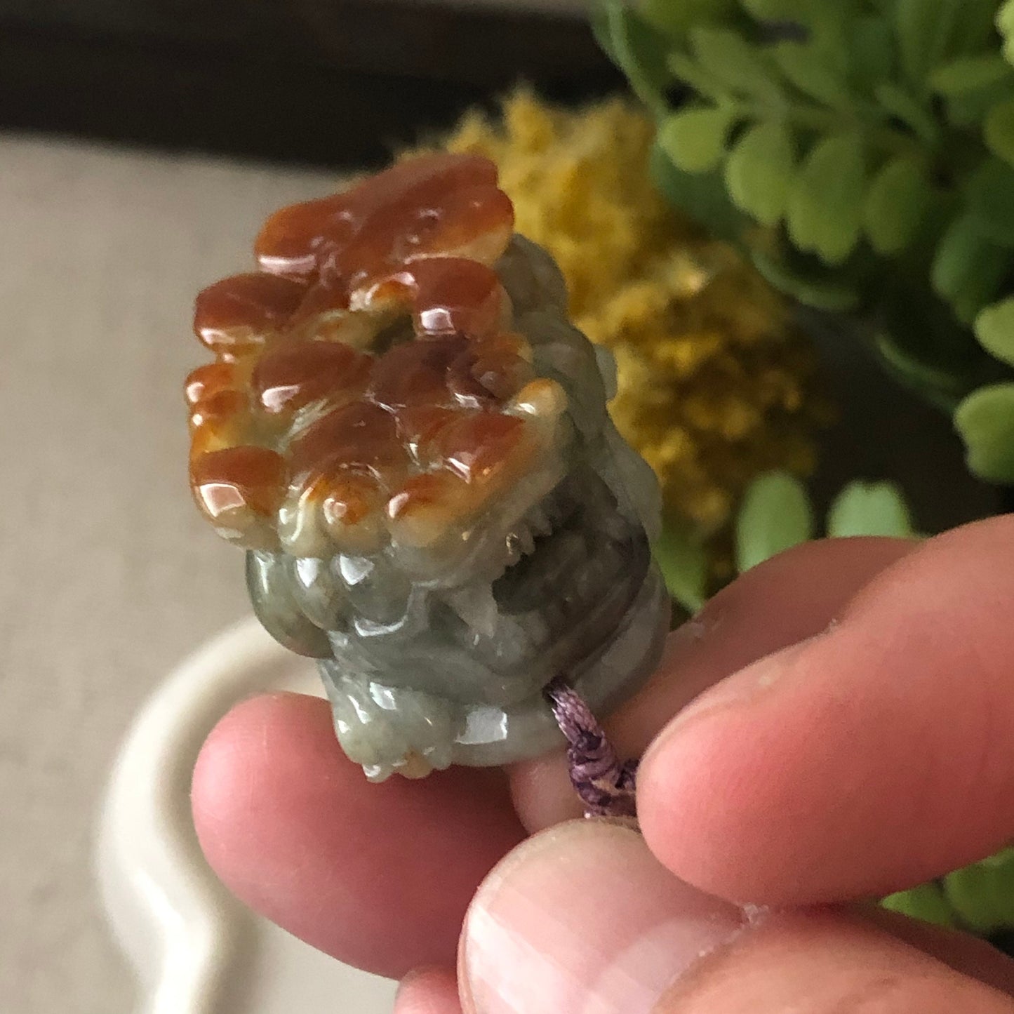 36mm Jadeite Green Red Brown Carved Pixiu Keychain or Pendant Display Figurine
